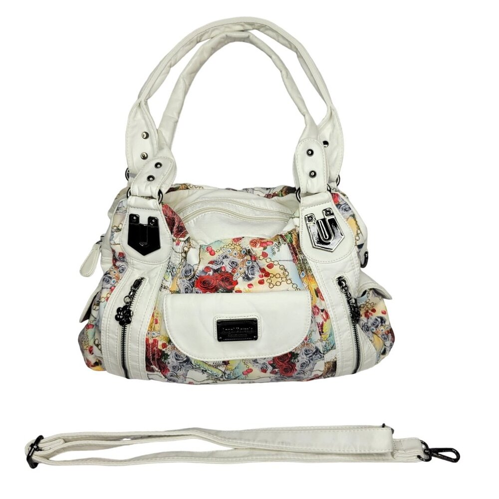 Angel Barcelo White Floral Print Shoulder Bag Handbag With Detachable Strap
